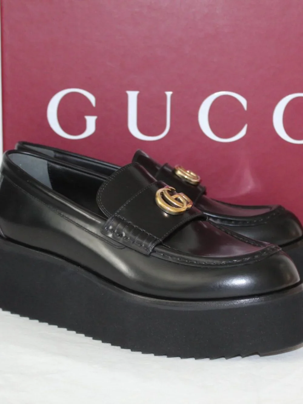 NWB Gucci GG Millennial Ribot Wedge Loafers Platform Black Leather 39.5 816326 - Picture 2 of 7